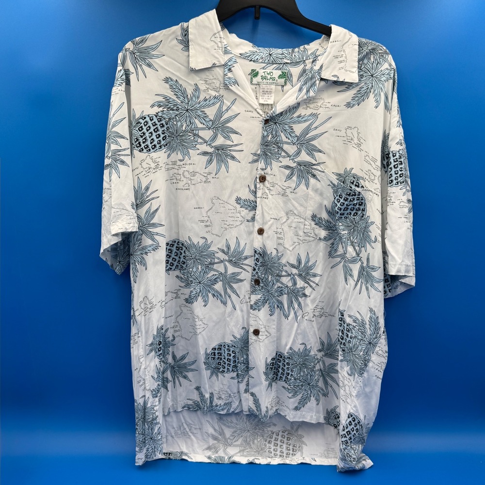 Two Palms Mens 2XL Hawaiian Shirt Aloha Map Pineapple Print Rayon‎ Button Down